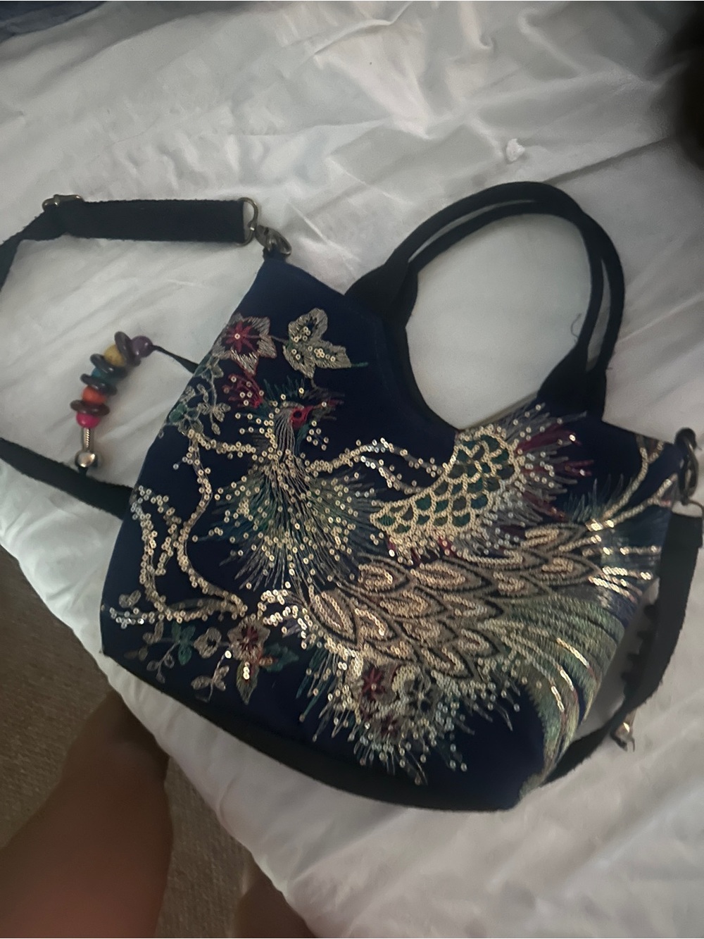 Embellished Navy Peacock Tote Bag